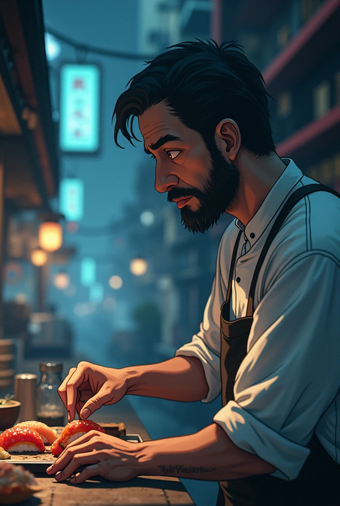 Anime about a dark-haired sushi chef with a beard and short hair, tired of life and work, discovers magic