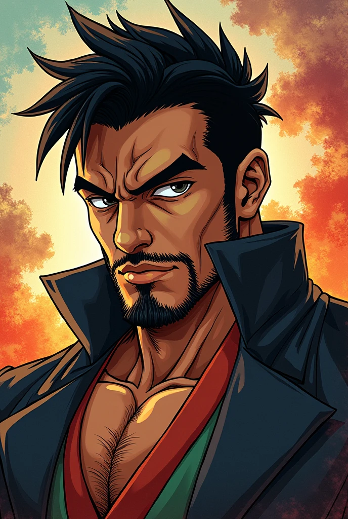 A man with warm brown skin, short black hair, thick eyebrows, almond-shaped dark eyes, a straight nose, full lips, and a neatly trimmed beard. He has a strong jawline and a serious, confident expression
Anime from jojo's bizarre adventure background effect