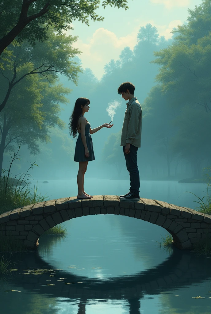 A girl is giving a cigarette to a boy standing on a bridge over a lake