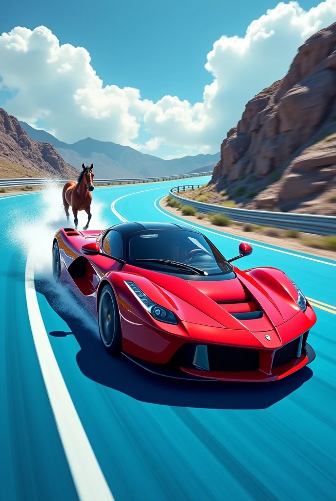 Red car with blue road with fast moving said one horse 