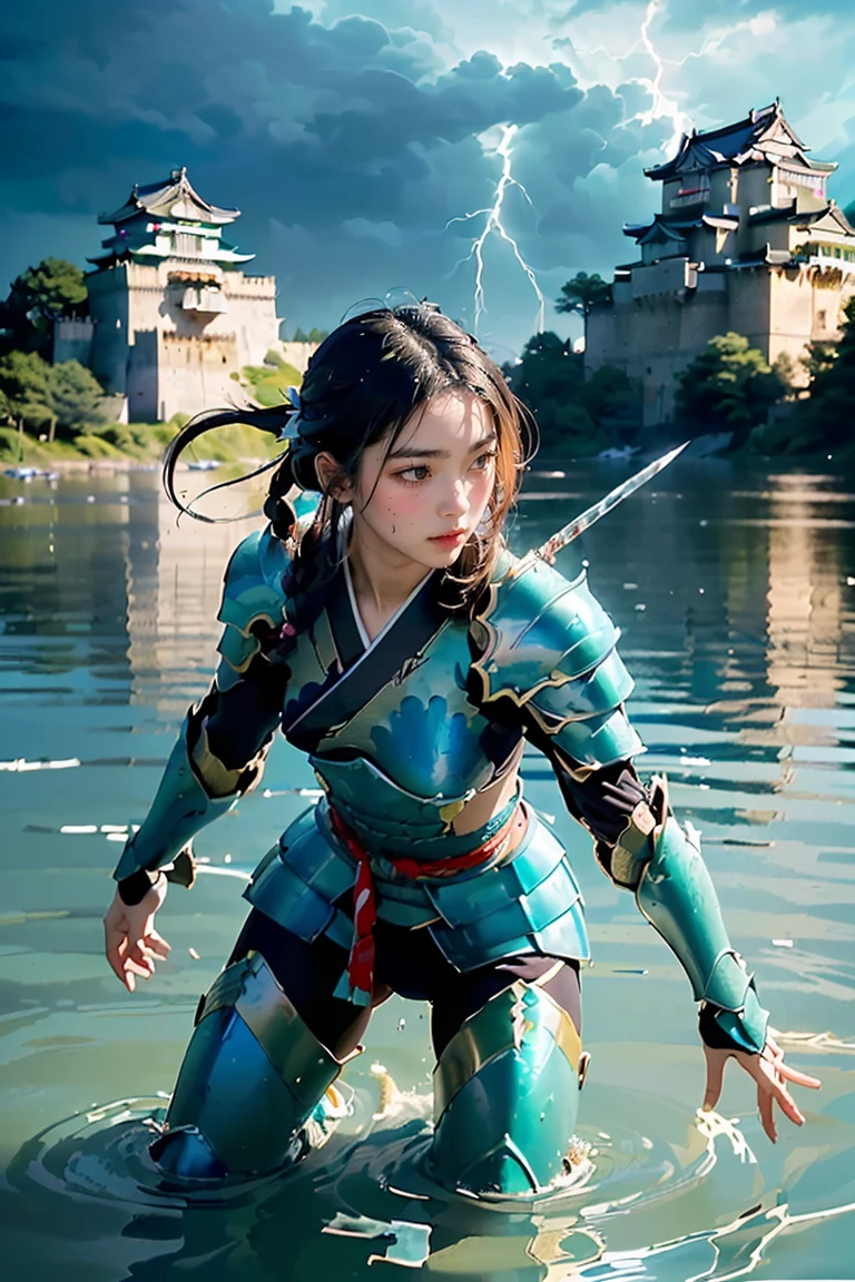 (((realistic, Masterpiece, best quality, Sharp details, high definition, Highly detailed, Very complete details, Sharp focus, Sharp details, colorful, Diverse colors, Lightning in the perfect studio))), ((20 years old, beautiful water god, floating, Aqua Color Hair)),(((In the middle of the war, Epic war scenes, attack posture))), Tiring (((Beautifully decorated heavy underwater armor, Water Dragon Armor, Decorate the entire body with armor., Beautiful kimono with full armor, Diabolos wide water wings))), (holding a giant sword), (((Blood everywhere, Death everywhere, Japan, Bakumatsu era, ,carcass, Japanese castle drowned, Severe tsunami, flood, three headed water dragon)) traditional village background), Heavy rain,