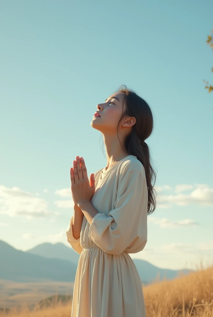 (photorealism:1.2), A young woman praying ((standing)) Looking at the sky