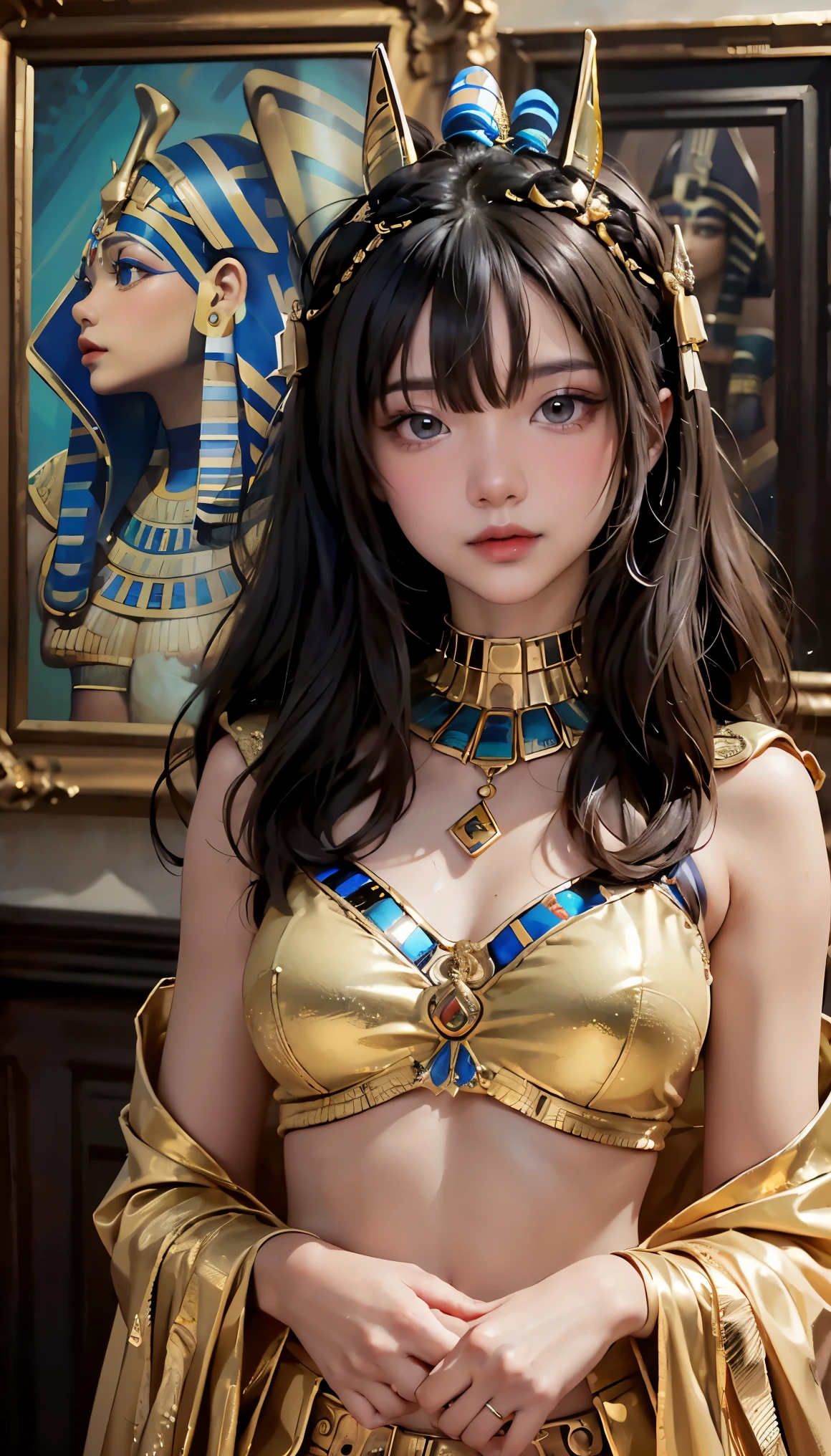 (UHD, retina, masterpiece, ccurate, anatomically correct, textured skin, super detail, high details, high quality, best quality, highres, 1080P, HD, 4K, 8k, 16k), (beautiful detailed eyes, beautiful detailed lips, extremely detailed eyes and face), studio lighting, physically-based rendering, vivid colors, (big tits, super big tits, super extra big tits, glamorous body), (thief:1.5), (portrait, blonde hair, shiny hair, shiny skin), (luxury furniture, bokeh:1.5), (tilt your head to the side:1.5), eye reflection, (blush, smile, tanned skin, cleopatra:1.5),