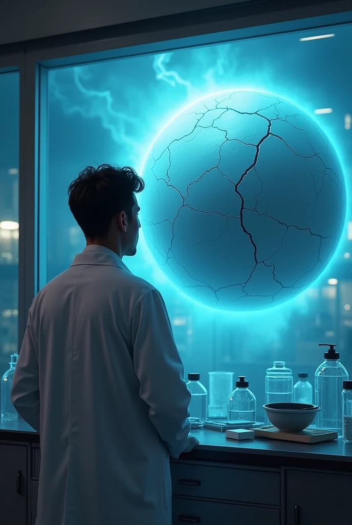 A scientist from behind in a laboratory looking in amazement at a glass window where there is a gray round ball with many cracks and floating and emanating blue energy