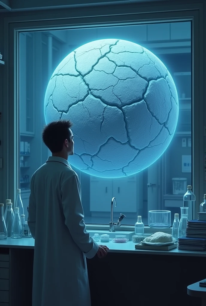 A scientist from behind in a laboratory looking in amazement at a glass window where there is a gray round ball with many cracks and floating and emanating blue energy