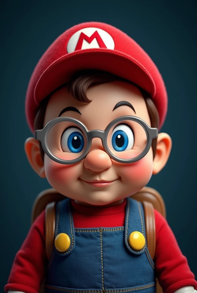 Mario bross baby from the front with transparent glasses with a backpack and a brown vest on a dark blue background behind