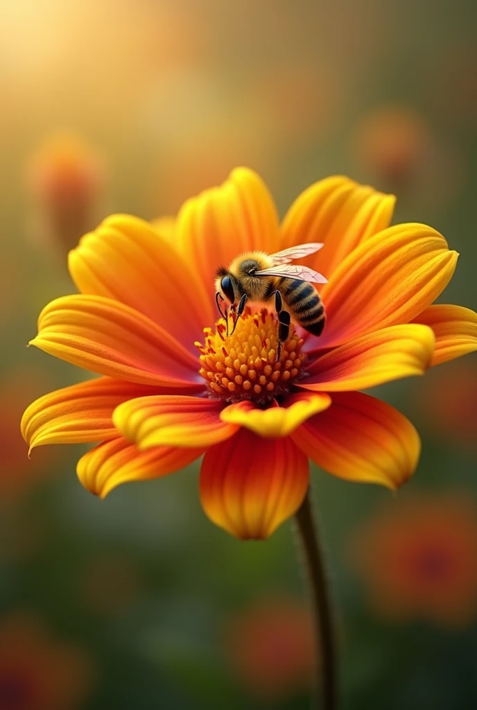 Create a 4k photorealistic wallpaper for android smartphone on natural macro photography where a honeybee is collecting honey from a beautiful flower with a beautiful background