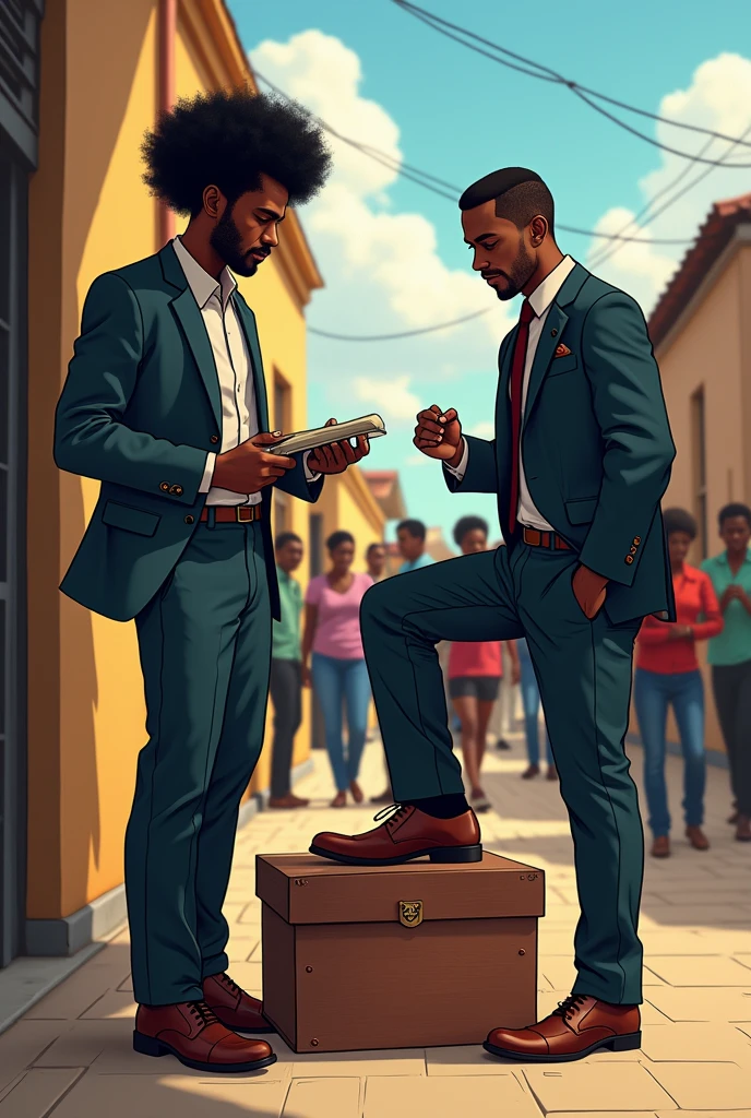 A Haitian shoe shiner with his wooden shoe shine box , polishing jean&#39;s shoejean who put his foot with his shoe on the shoe shine box . Afro haïtienne. Jean Jean  bien habillé pour le travail. Cadre typiquement haïtienne., colored.  Il ya des passants 