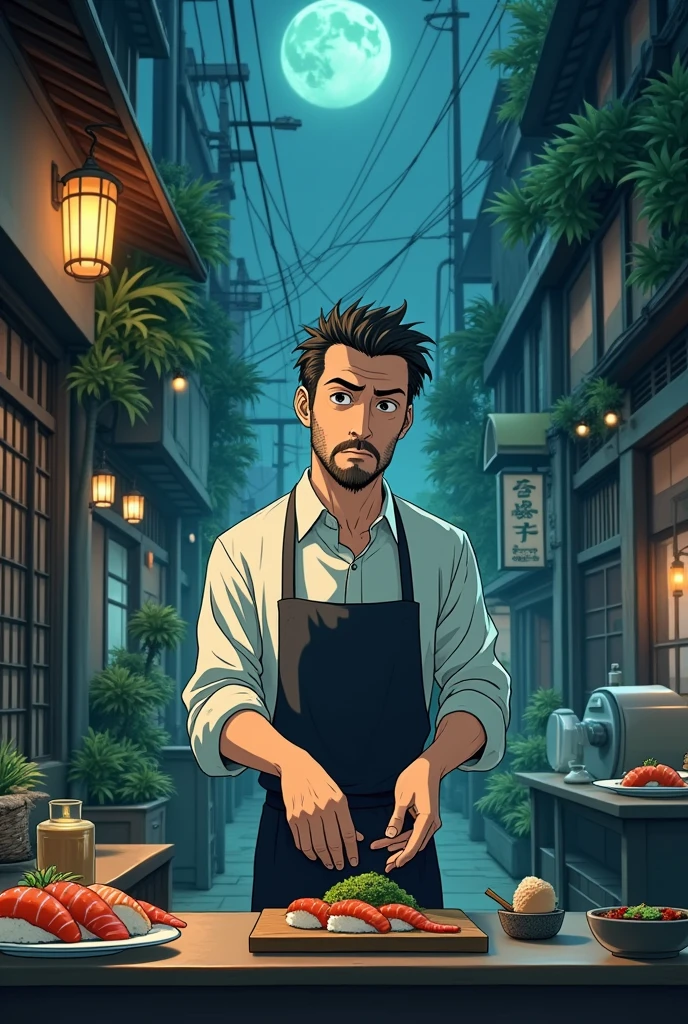 Anime about a dark-haired sushi chef with a beard and short hair, tired of life and work, discovers magic