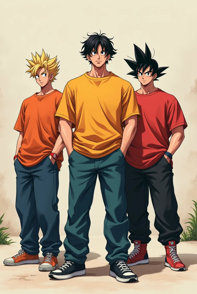 Give me aesthetic anime characters like baki goku standing wearing oversized t shirts