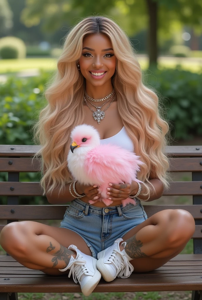 Full view 8k holding a Pink and white fluffy phoenix while sitting down in park bence wearing a white crop top and a jean shorts and white sneakers A natural lightskin thick blasian female, with extra long wavy golden hair , braces, diamond chain, lashes, tattoos, plump lips flawless eyebrows,
