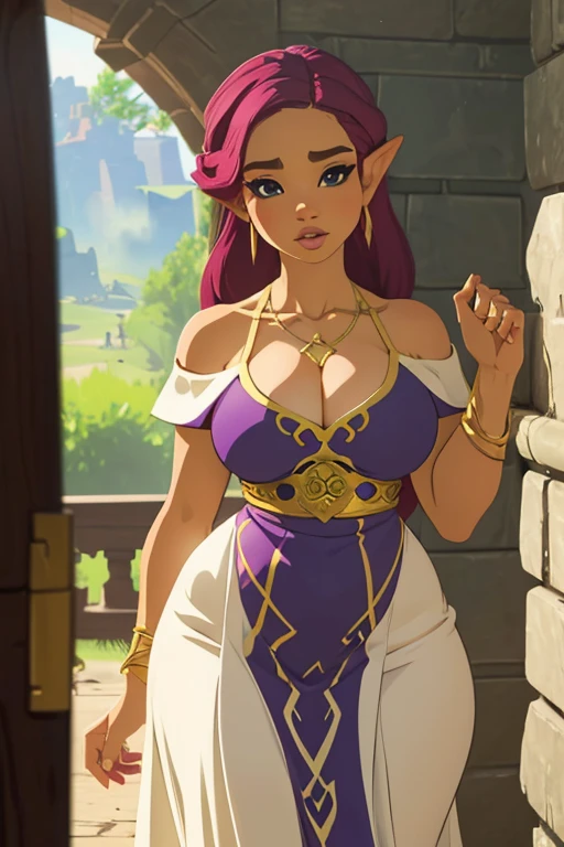 Hot girl, beautiful face, luscious lips, pale skin, curvy, athletic, majestic clothes, deep cleavage, (off shoulder dress), purple dress, burgundy hair color, ((best quality)), ((masterpiece)), perfect, (detailed), breath of the wild style, (breath of the wild shading), ((defined image))