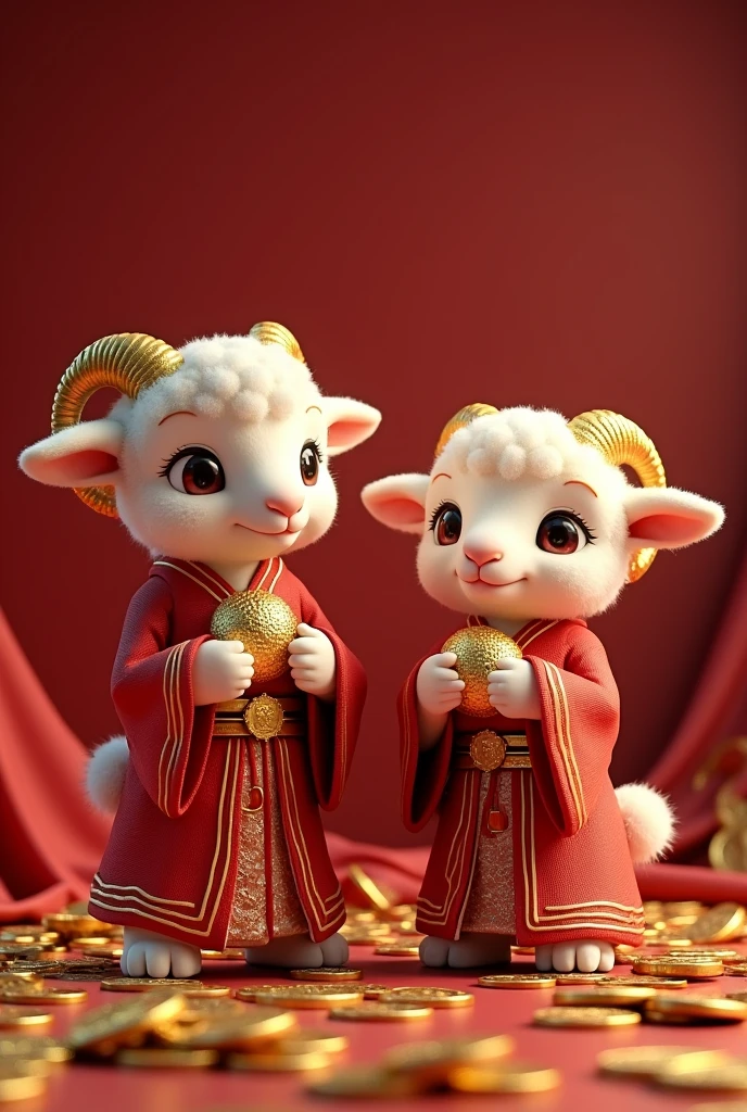 Anthropomorphic Lamb，Little cute little lamb，Several lambs，Wearing elegant red Hanfu，Take the gold ingot，The ground is covered with gold coins，silk，Fluffy mane，big eyes，Red Wall，ZBrush，Dramatic Lighting，Full body portrait，realism，Fine details，Photorealism，Film lighting，Intricate details，Octane Rendering，Unreal Engine，8K——ar9：16 --testp --upbeta