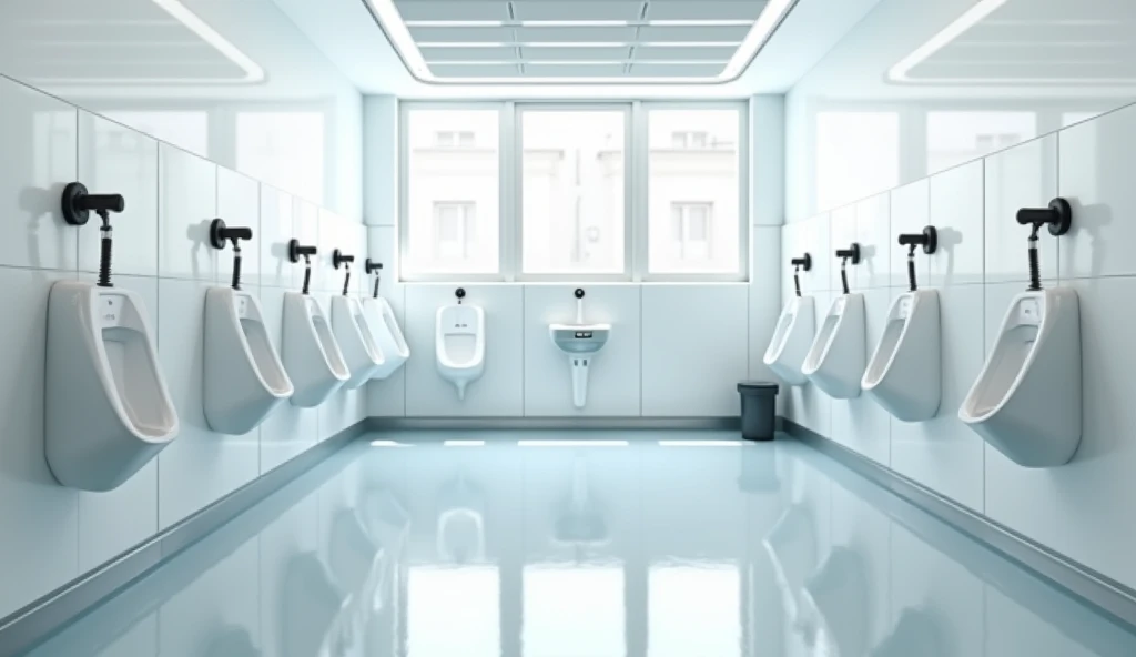Create a hospital bathroom with multiple urinals