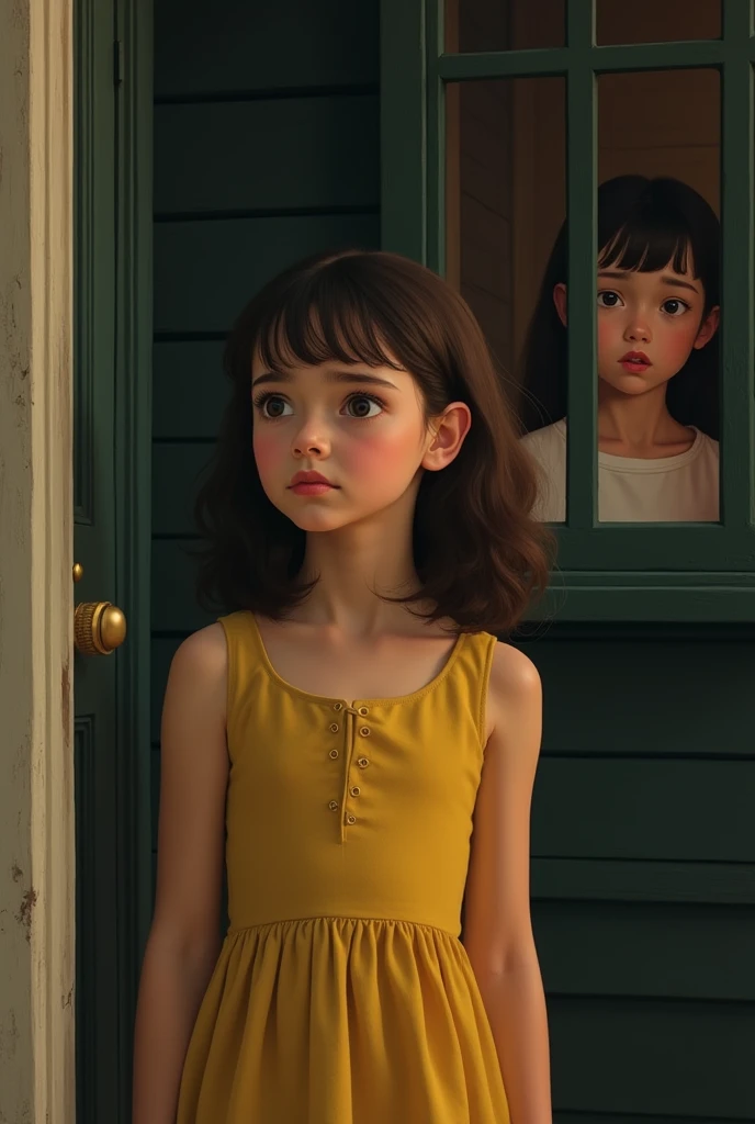 a disappointed young girl in a yellow sleeveless dress standing outside a house with a closed door, another girl looking at her through a bay window, realistic, photorealistic, 8k, high quality, detailed painting, beautiful detailed eyes, beautiful detailed lips, extremely detailed face, highly detailed, intricate, masterpiece, cinematic lighting, vivid colors, warm tones, dramatic lighting, emotional, melancholy, atmospheric, moody, cinematic
