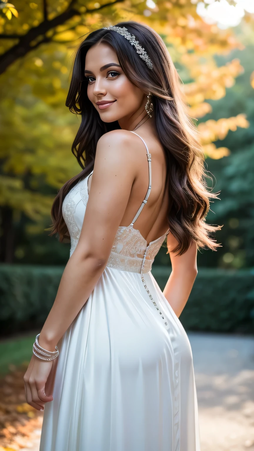 Realistic full body photo of a smiling brunette with long hair, She dances in front of the camera in a long A-line dress with straps made of shiny brown satin., Park,glamour fotoshooting, Wedding celebration, perfect anatomy, perfect brown eyes. Perfect hands with 5 fingers on each hand, Matching girl, looking at the camera, 1 Frau. (Eye make up:1.1), (highly detailed skin:1.1), spirit, analog style, keen focus, 8K UHD, dslr, good quality, Fujifilm XT3, Grain, Award-winning, masterpiece. Wedding celebration. She stands in the park and looks over her shoulder towards the camera. Back