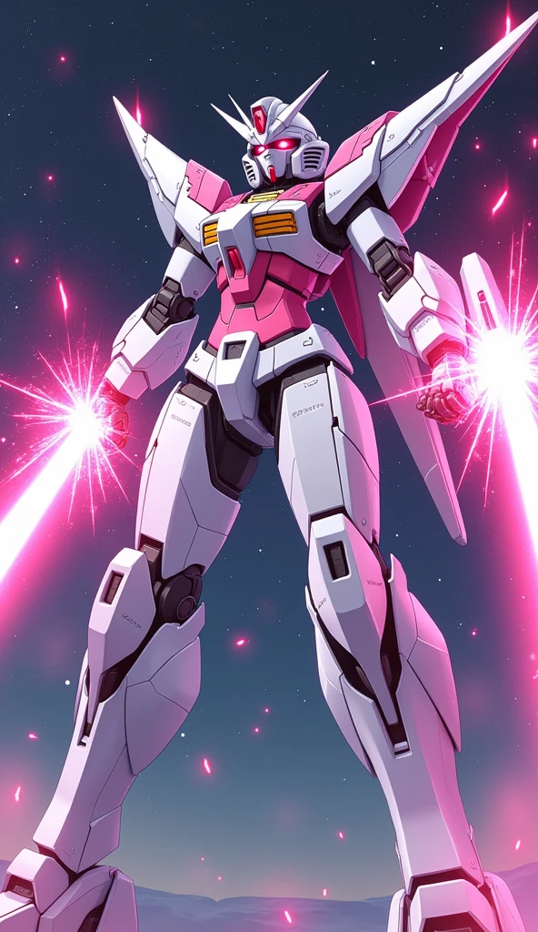 anime, Giant Robot, A dynamic full-body image of a white and pink female super robot fighting with lasers coming out of her palms Simple Background,universe,