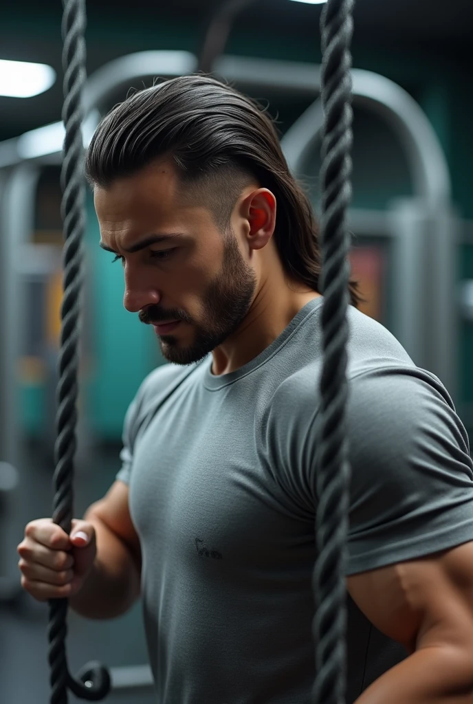 (photorealism:1.2), man in grey shirt, short hair on the side, Long hair, smooth and backwards, with a match in the middle above, doing chest pulley exercise, in gym, looking down.