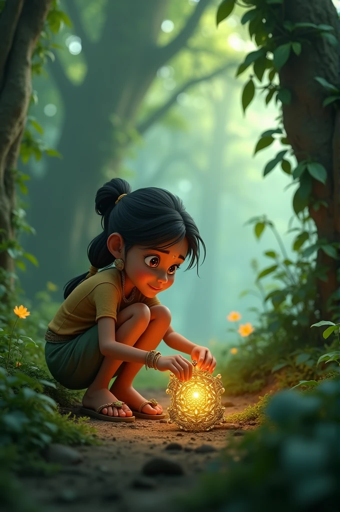 Need 3D animation style" In a dense forest, a young girl, Radhika, dressed in simple village clothes, finds an old, glowing necklace half-buried under some bushes. The forest is lush with tall trees, dappled sunlight, and a soft mist. Radhika is crouched down, her face filled with curiosity as she carefully picks up the necklace. The necklace itself should have an ancient, intricate design with a faint magical glow.