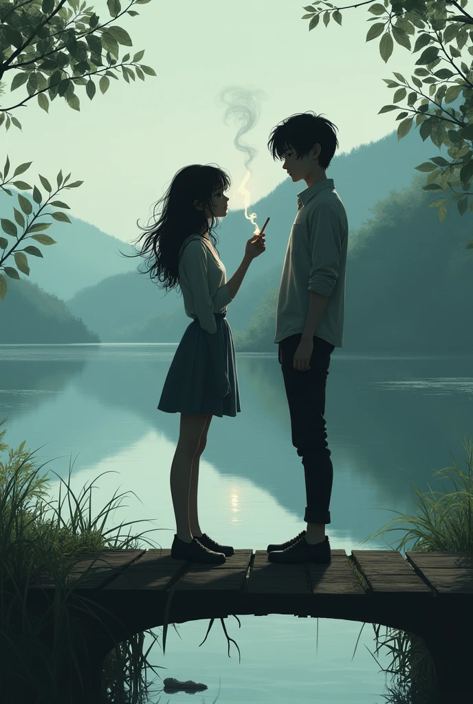 A girl is giving a cigarette to a boy standing on a bridge over a lake realistic feel
