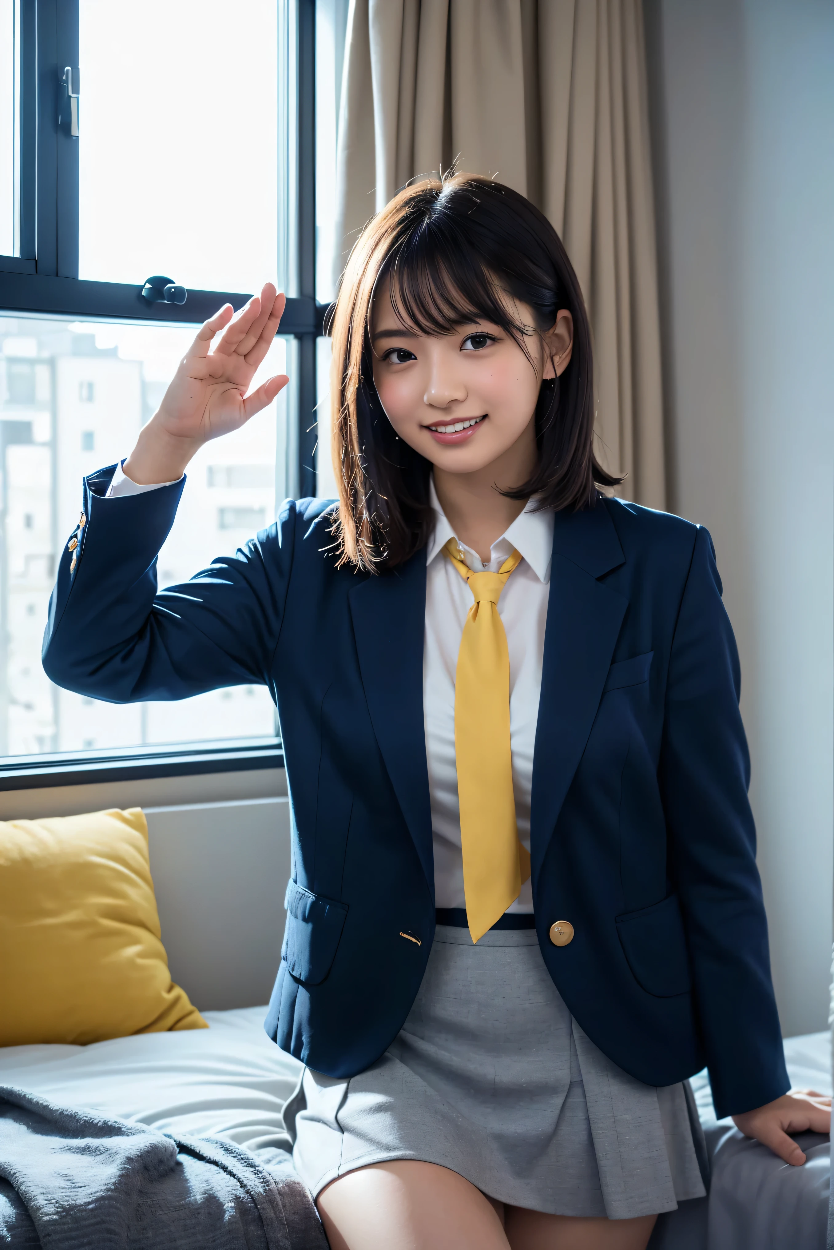 (8k, RAW Photos,Highest quality, High resolution:1.1)、 1 person,High resolution, Realistic, View your viewers, 8kウルトラHD, RAW Photos, masterpiece, Highest quality, photo realistic, Highly detailed skin、(Bend your elbows)、 palm、Medium Hair、((Navy Blazer:1.3))、((Light gray skirt:1.2))、(Yellow tie、Dress shirt)、((smilingly))、(Apartment window、Sleep on the bed)、(Shooting from the side)、Childish innocence、(salute)、