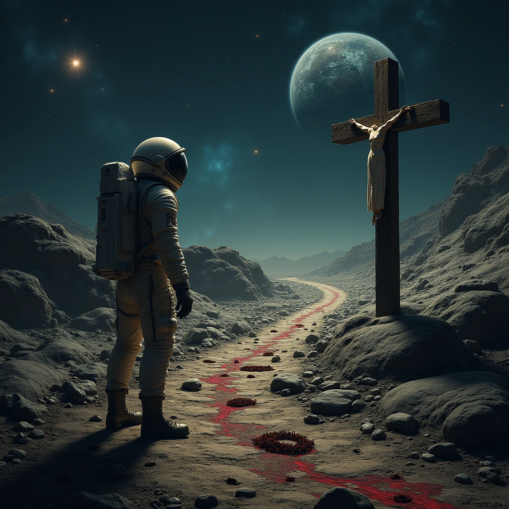 in outer space, stars , galaxies , planets , a rocky path with small drops of blood, a tunic thrown on the ground, A crown of thorns lying on the road and at the end of the road a cross , an astronaut 