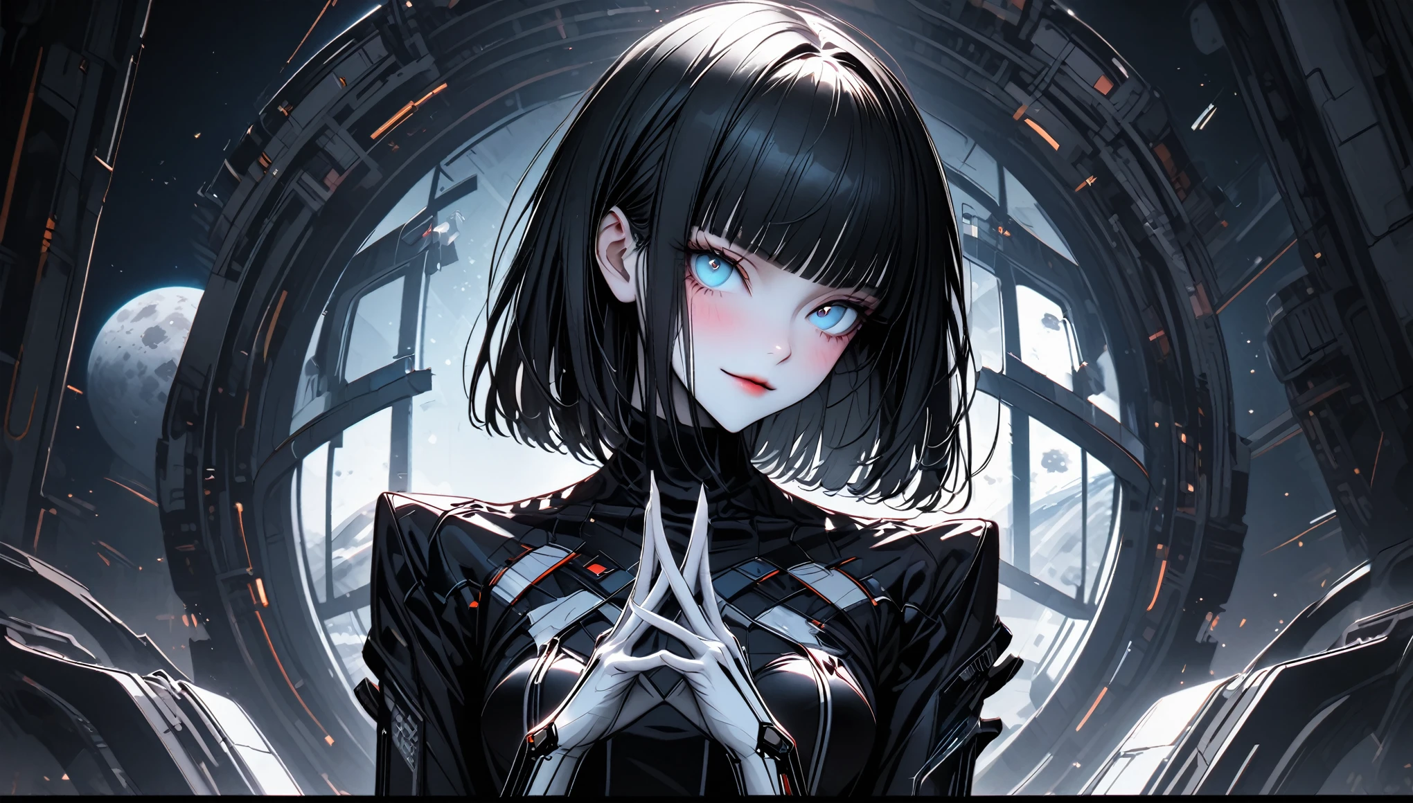 solo, female, long straight black hair, straight bangs, hime cut, light blue eyes, slender, thin, very tall, black turtleneck, elegant space clothes, pale white skin, stylish clothes, medium breasts, window, space laboratory on the moon, dandere, futuristic, augmentations:0.1, small smile, faint blush, steepled fingers, jacket