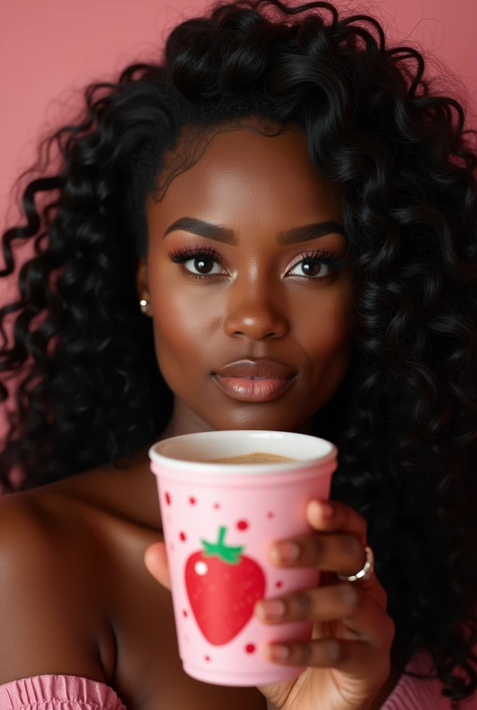  there is a black woman , the woman has, she has dark skin, with dark brownish skin, with long curly, long black loose moisturised curly hair she is taking a selfie with a cute strawberry cup