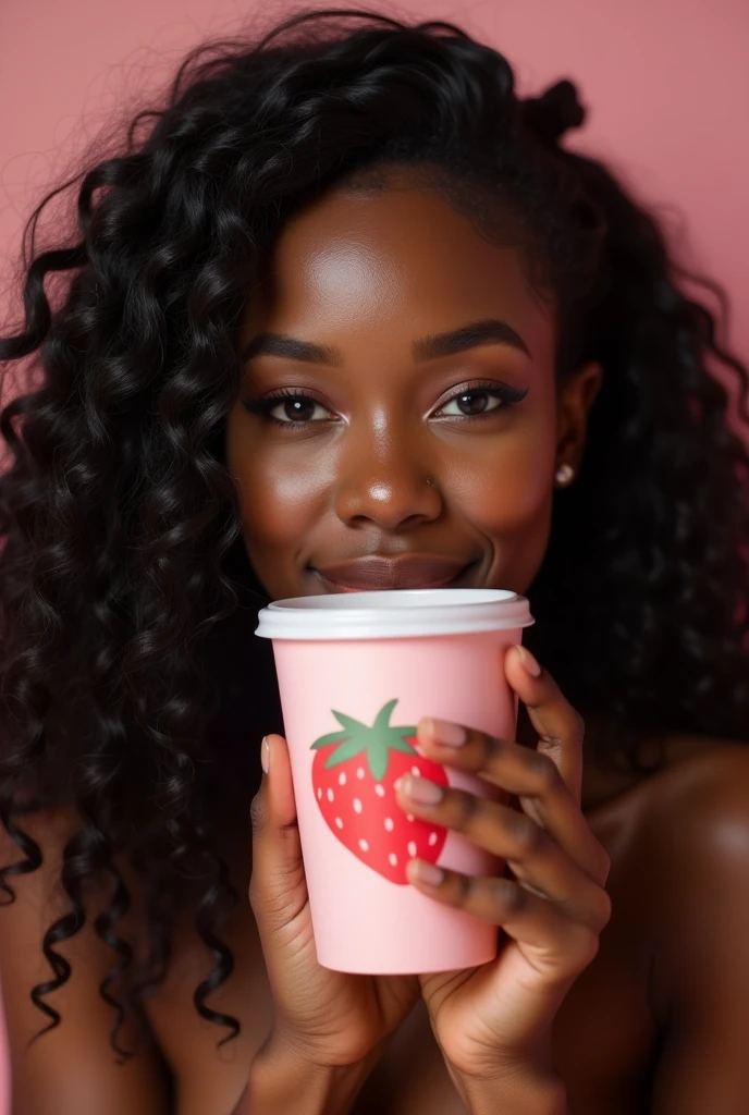 there is a black woman , the woman has, she has dark skin, with dark brownish skin, with long curly, long black loose moisturised curly hair she is taking a selfie with a cute strawberry cup