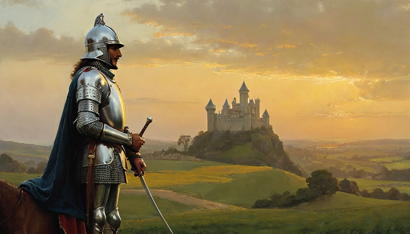 A full-body portrait of a medieval knight in the style of Edmund Blair Leighton. The knight is dressed in detailed, shining armor, complete with a helmet, gauntlets, and a sword at his side. His armor is intricately designed with engravings and reflects the light softly. The knight stands in a noble, upright posture, exuding a sense of chivalry and honor. The background features a soft, romanticized landscape, with rolling hills and a castle in the distance, under a warm, golden sky that enhances the serene, yet heroic atmosphere of the scene. The overall composition is elegant, with attention to historical detail and a focus on the knight's dignity and valor., Surrealism, Hyperrealism, UHD, masterpiece, accurate, anatomically correct, award winning, 16k
