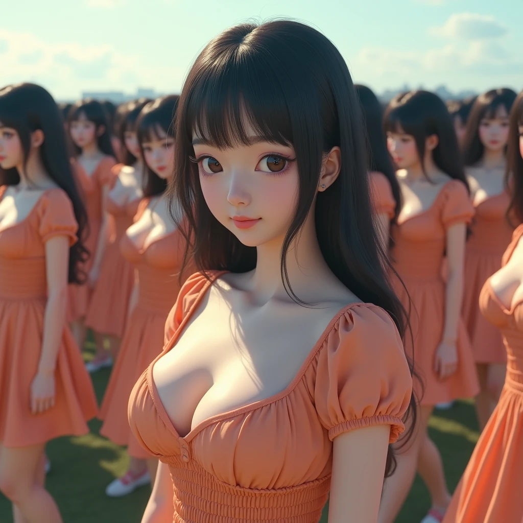 (((((Japanese Clone girls=Myself)))))), (((Best Super High quality Myself Clone girls Raw Photography Art))), (16K, Highest quality, Ultra-high resolution, RAW Photos), (((It&#39;s so unrealistic., With unparalleled depiction, With an unfathomable sight, An unprecedented and shocking worldview, Clone girls in a world of mass reproduction, Ultra-realistic))), (((Japanese, woman, 20yo, Saito-Asuka))), (Small face, ((Thick black hair, Semi-long hair))), ((V-neck short-sleeve dress)), (((((Very detailed美しい女体, Accurate body structure, Very detailed完璧な, Super busty body with very large breasts, Clearly emphasizes cleavage))))), (((Dark Eyes, Mature face, Cute Smile, A gentle gaze))), (((Her happy and smiling expression is so cute))), ((((((((Very detailed分身増殖描写, ((1girl→Myself cloning→1,000,000,000,000,000,000,000,000,000,000,000,000,000,000,000,000,000,000,000,000Myself Clone girls)))))))))), ((((((((Very detailed, The precise depiction of the proliferation of Myself Clone girls, ((With the perfectly identical bodies of Myself clone girls, With the exact same face as the Myself clone girls, With the exact same hairstyle as the Myself clone girls, In the exact same clothes as the girls who are my clones, Perfectly the same height as the Myself clone girls, Super big breasts, just like the Myself clone girls)))))))))), (((Myself clone girls only))), (((Very detailed depiction, (A group of Myself clone girls hugging each other, A large gathering of Myself clone girls, Fun conversations among crowds of Myself clone girls, A fun conversation among a crowd of Myself clone girls, Myself clone girls flirting with each other, Multiple Myself clone girls walking together in a crowd, turn around, The approaching crowd of Myself)))), (((Everyone looks at the camera))), (((Unbelievably crowded, Transcendent Myself clone girls intimately, Countless Myself clone girls surround you in 360 degrees))), (Bright, soft sunlight), (((Very wide field of view, Very detailed, Detailed ultra-perspective depiction with clear depth, super wide view))), (((((Where the thousands of Myselves join together))))), (((Very photographic and detailed depiction, Myself clone girls will multiply infinitely and fill the surroundings from one side to the horizon with their bodies tightly packed together without any gaps., A scene of endless Myself clone girls, giving a happy vibe.))), (Focus on the average value of the image)