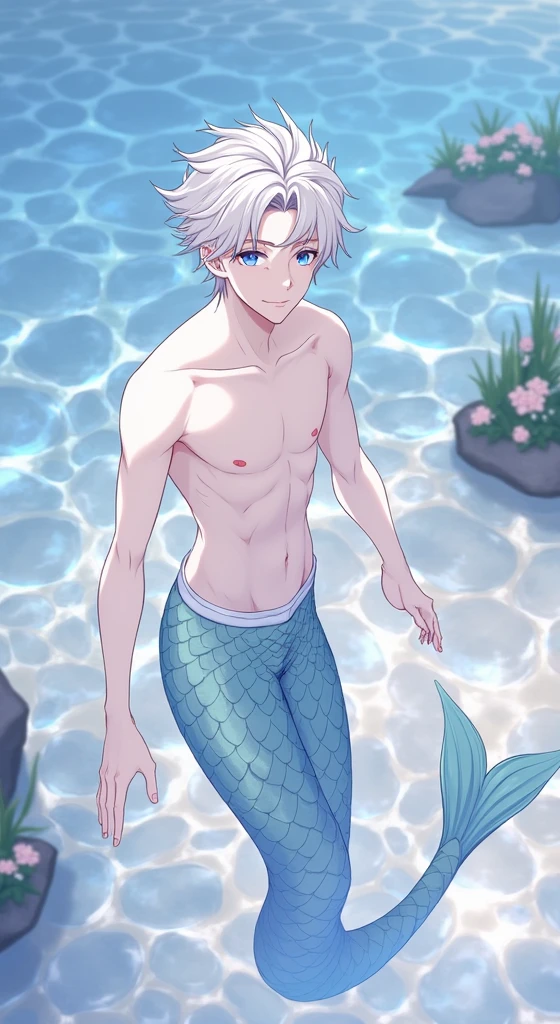 Create an image of a male character inspired by Ai Mikaze, featuring a youthful and stylish appearance with a modern flair. Imagine him transforming into a merman, with a long, shimmering tail in shades of blue and green, adorned with scales and aquatic details. Keep the characteristics of his face, such as expressive eyes and delicate features, while adding marine elements to his design.