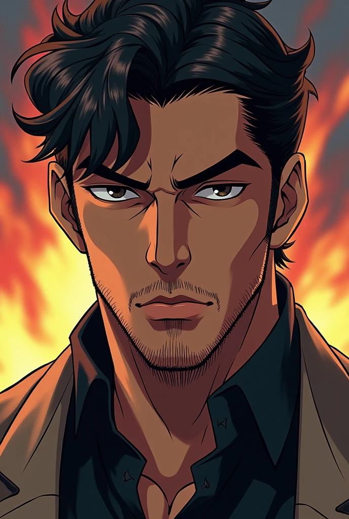 A man with warm brown skin, short black hair side part, thick eyebrows, almond-shaped dark eyes, a straight nose, full lips, and a neatly trimmed beard. He has a strong jawline and a serious, confident expression
Anime from jojo's bizarre adventure background effect