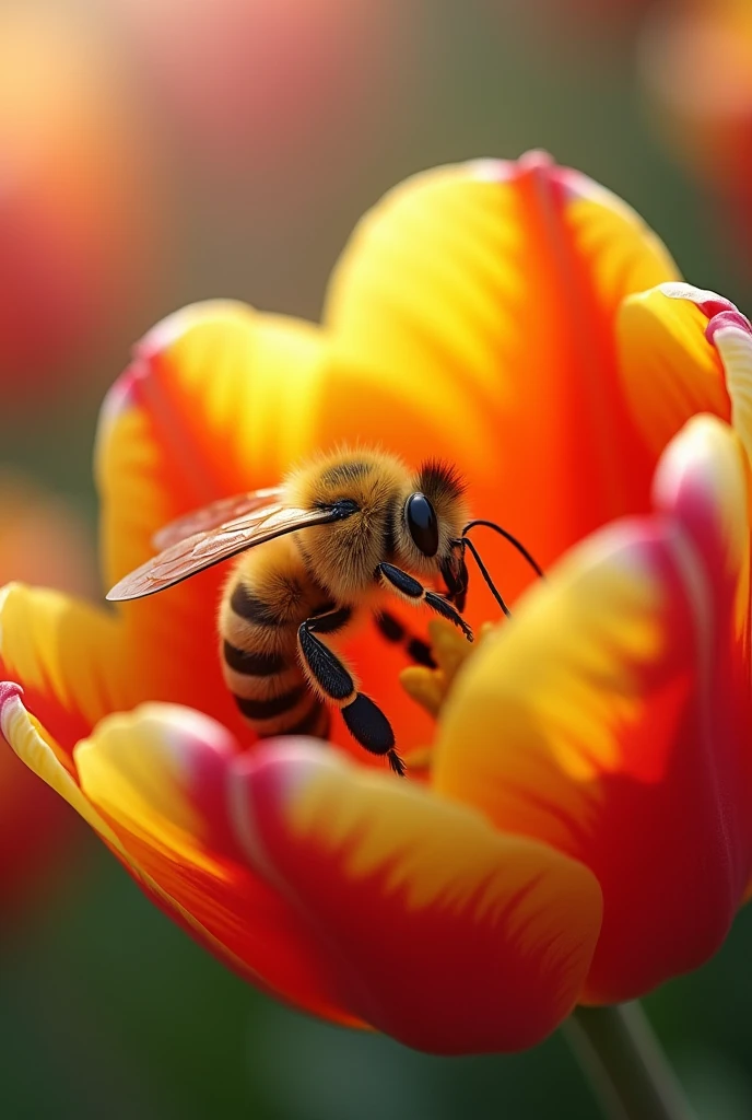 Create a 4k photorealistic wallpaper for android smartphone on natural macro photography where a honeybee is collecting honey from a beautiful tulip flower with a beautiful background