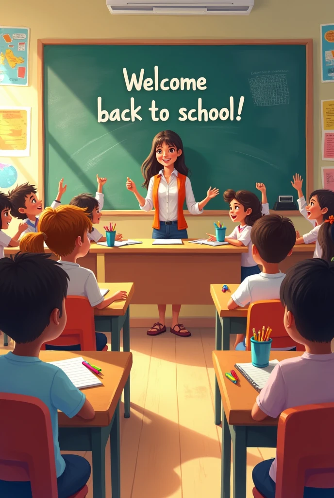 Design an image that captures the excitement of 'Back to School' with a focus on a bustling classroom scene. Show a diverse group of students,  7-10, ated at desks with school supplies like notebooks, pencils, and crayons spread out. The teacher is at the front, smiling as she writes on a chalkboard that says 'Welcome Back to School!' The classroom is decorated with bright posters, a world map, and educational charts. The students are engaged and eager, some raising their hands while others are chatting or organizing their supplies. The atmosphere should be warm, inviting, and full of the anticipation that comes with the start of a new school year.