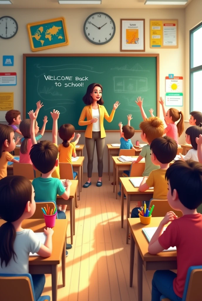 Design an image that captures the excitement of 'Back to School' with a focus on a bustling classroom scene. Show a diverse group of students, ages 7-10, seated at desks with school supplies like notebooks, pencils, and crayons spread out. The teacher is at the front, smiling as she writes on a chalkboard that says 'Welcome Back to School!' The classroom is decorated with bright posters, a world map, and educational charts. The students are engaged and eager, some raising their hands while others are chatting or organizing their supplies. The atmosphere should be warm, inviting, and full of the anticipation that comes with the start of a new school year.