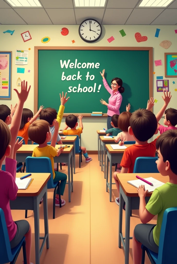 Design an image that captures the excitement of 'Back to School' with a focus on a bustling classroom scene. Show a diverse group of students, ages 7-10, seated at desks with school supplies like notebooks, pencils, and crayons spread out. The teacher is at the front, smiling as she writes on a chalkboard that says 'Welcome Back to School!' The classroom is decorated with bright posters, a world map, and educational charts. The students are engaged and eager, some raising their hands while others are chatting or organizing their supplies. The atmosphere should be warm, inviting, and full of the anticipation that comes with the start of a new school year.
