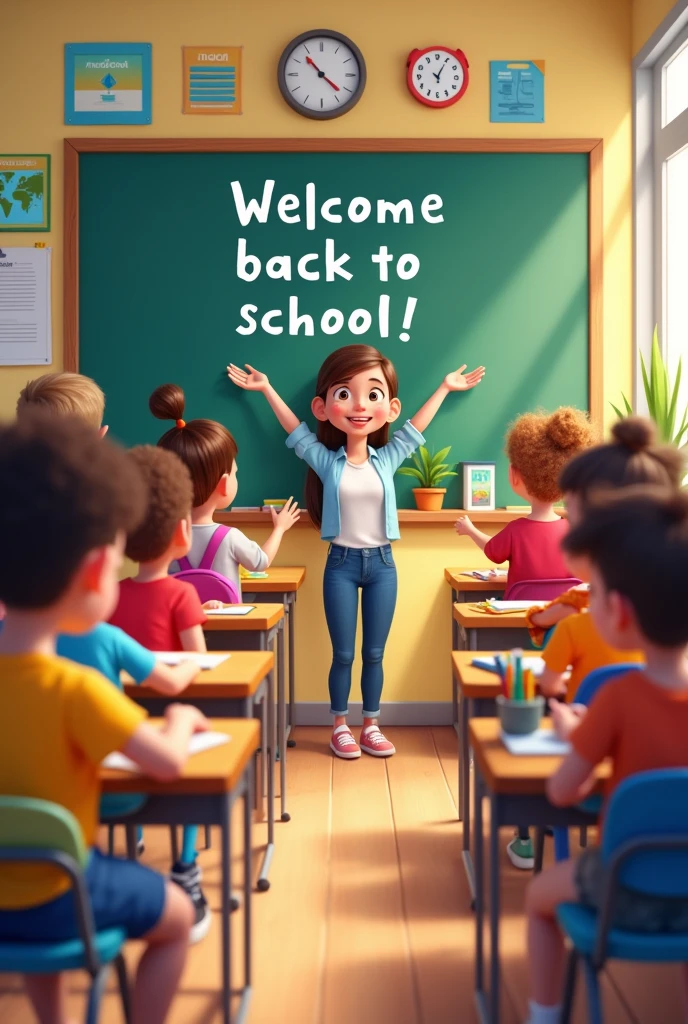 Design an image that captures the excitement of 'Back to School' with a focus on a bustling classroom scene. Show a diverse group of students, ages 7-10, seated at desks with school supplies like notebooks, pencils, and crayons spread out. The teacher is at the front, smiling as she writes on a chalkboard that says 'Welcome Back to School!' The classroom is decorated with bright posters, a world map, and educational charts. The students are engaged and eager, some raising their hands while others are chatting or organizing their supplies. The atmosphere should be warm, inviting, and full of the anticipation that comes with the start of a new school year.