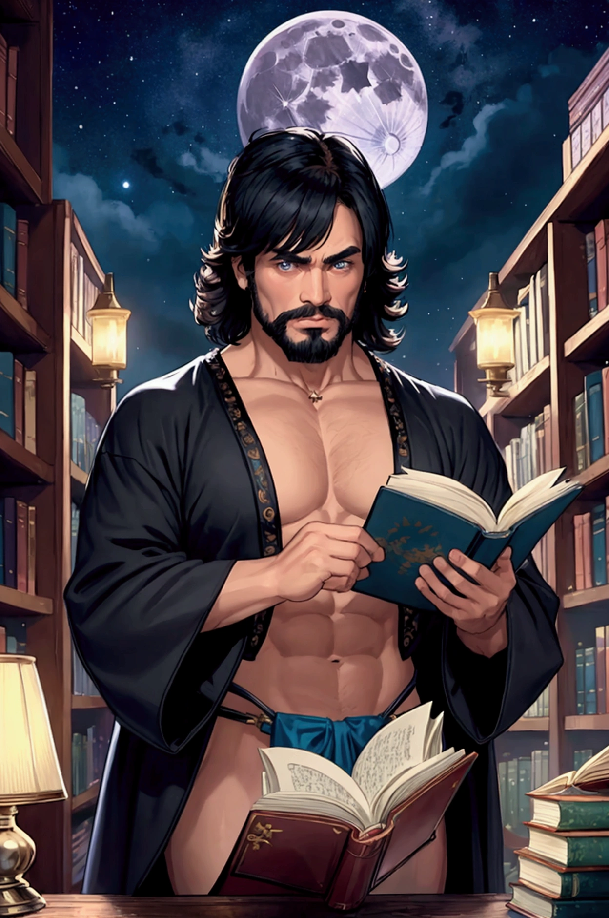Macho man looking for a book、Short Hair、short hair、full moon、starry skies、library、Wizard、Magic School、Fantasy、Completely naked