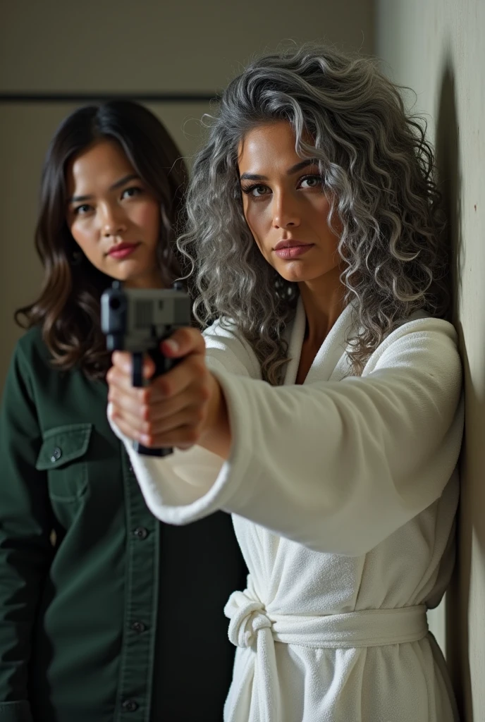 A beautiful youthful looking Filipino version of Ariana Grande as a 50 years old woman with long curly completely gray hair as the superhero Daisy Johnson from Agents of S.H.I.E.L.D wearing a bathrobe leaning on a wall hold a gun in her hands pointing a gun at another woman protect a young man behind her