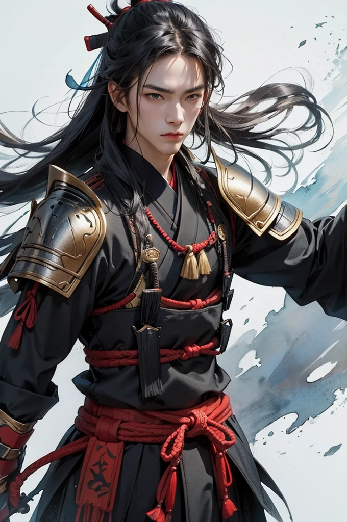 cool, samurai, boy, long hair, samurai outfit, fighting, armor, light hair, watercolor ink style,