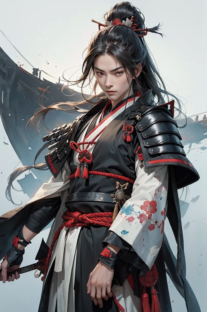 cool, samurai, boy, long hair, samurai outfit, fighting, armor, light hair, watercolor ink style,