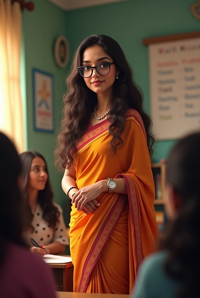 beautiful woman, teaching in classroom for students, long curly hair, wearing spectacles, wearing a beautiful saree and wearing watch in right hand, looking little chubby and elegant, cozy classroom