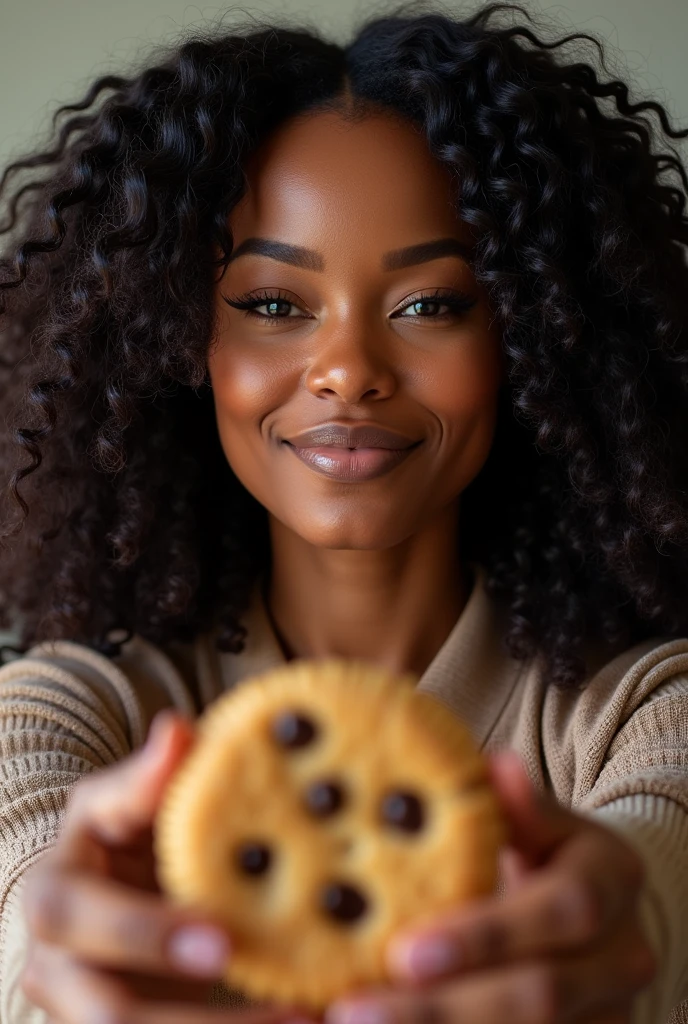there is a black woman , the woman has, she has dark skin, with dark brownish skin, with long curly, long black loose moisturised curly hair she is taking a selfie with a box of crumbl cookies