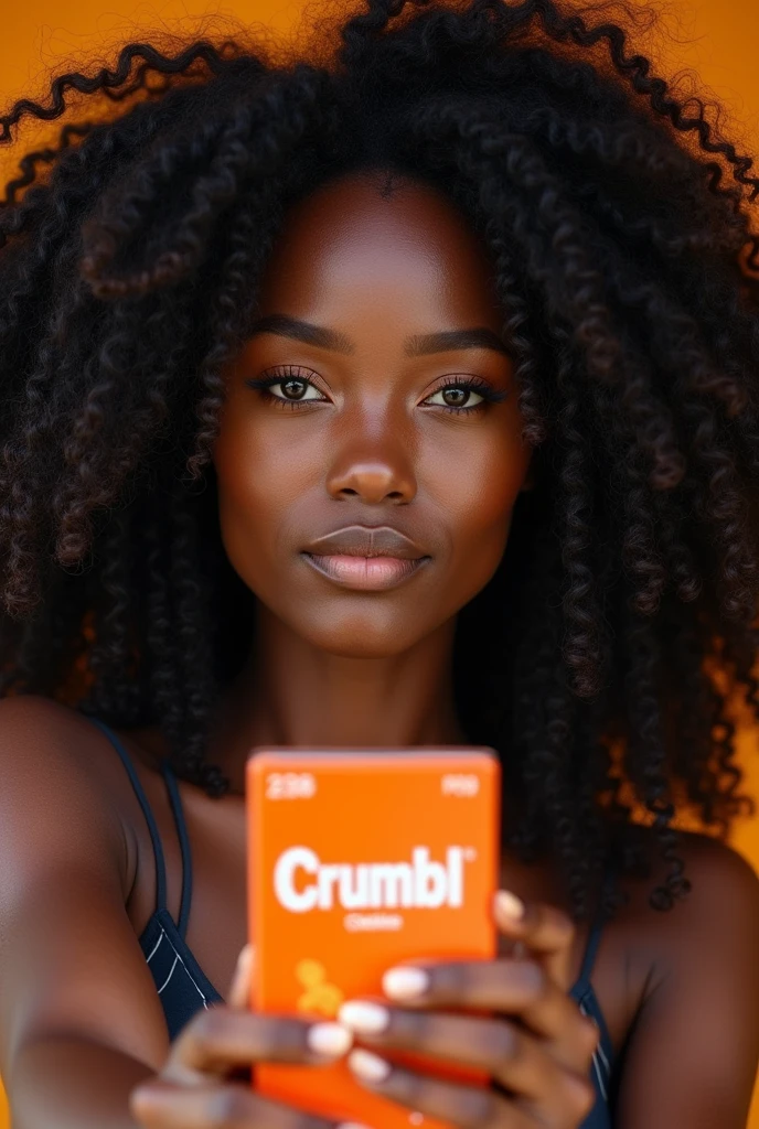 there is a black woman , the woman has, she has dark skin, with dark brownish skin, with long curly, long black loose moisturised curly hair she is taking a selfie with a box of crumbl cookies