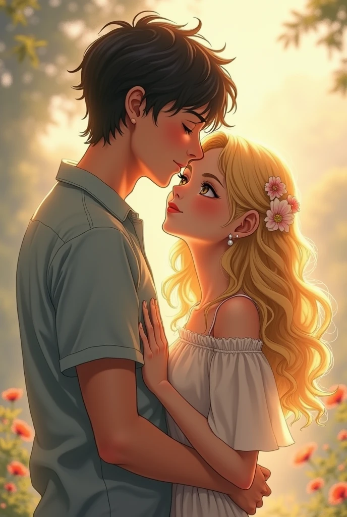 A cute couple a blonde girl with a tall, gloomy boy