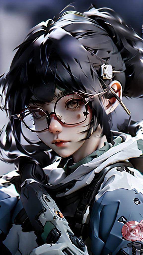 A girl wearing glasses holding a sniper