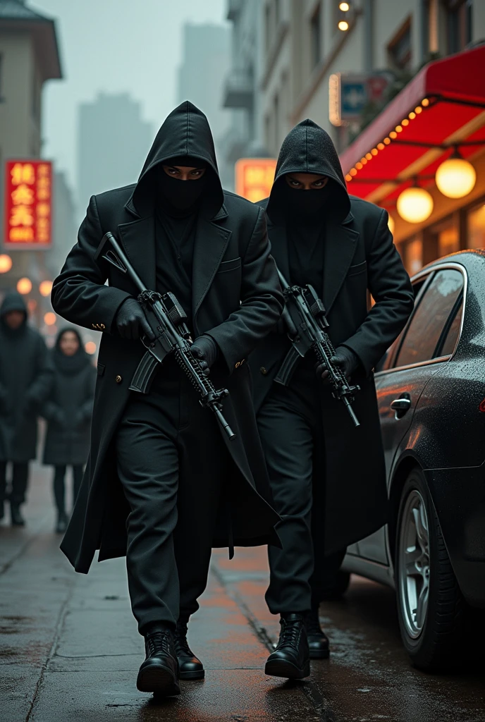 Outside the restaurant, two filthy thugs step out of a black car. The thugs are wearing black masks and black clothes, with guns in their hands. They enter the restaurant and start intimidating everyone. People begin to tremble with fear.