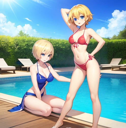 Two sexy girls in bright colored monokini bikinis in the sparkling pool and their short blonde hair and blue eyes edited doing sexy full body poses 