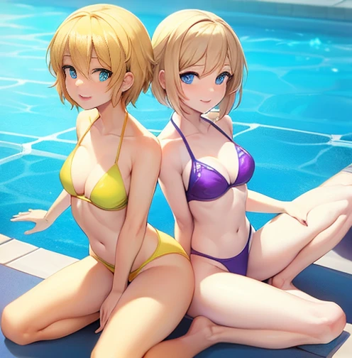 Two sexy girls in bright colored monokini bikinis in the sparkling pool and their short blonde hair and blue eyes edited doing sexy full body poses 